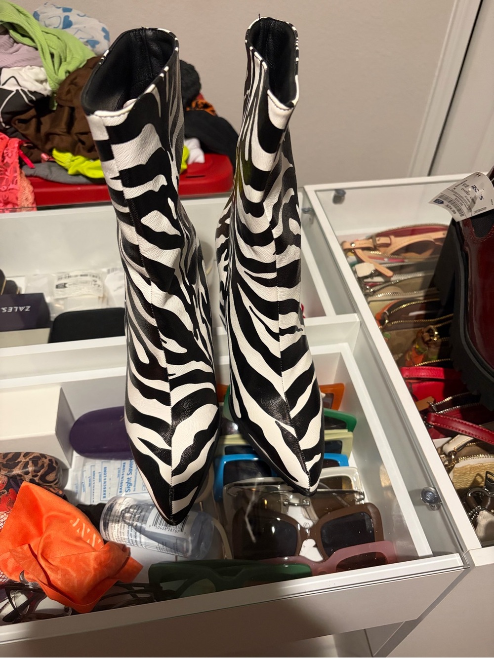 EGO Zebra-Print Pointed Toe Ankle Boots - Black & White